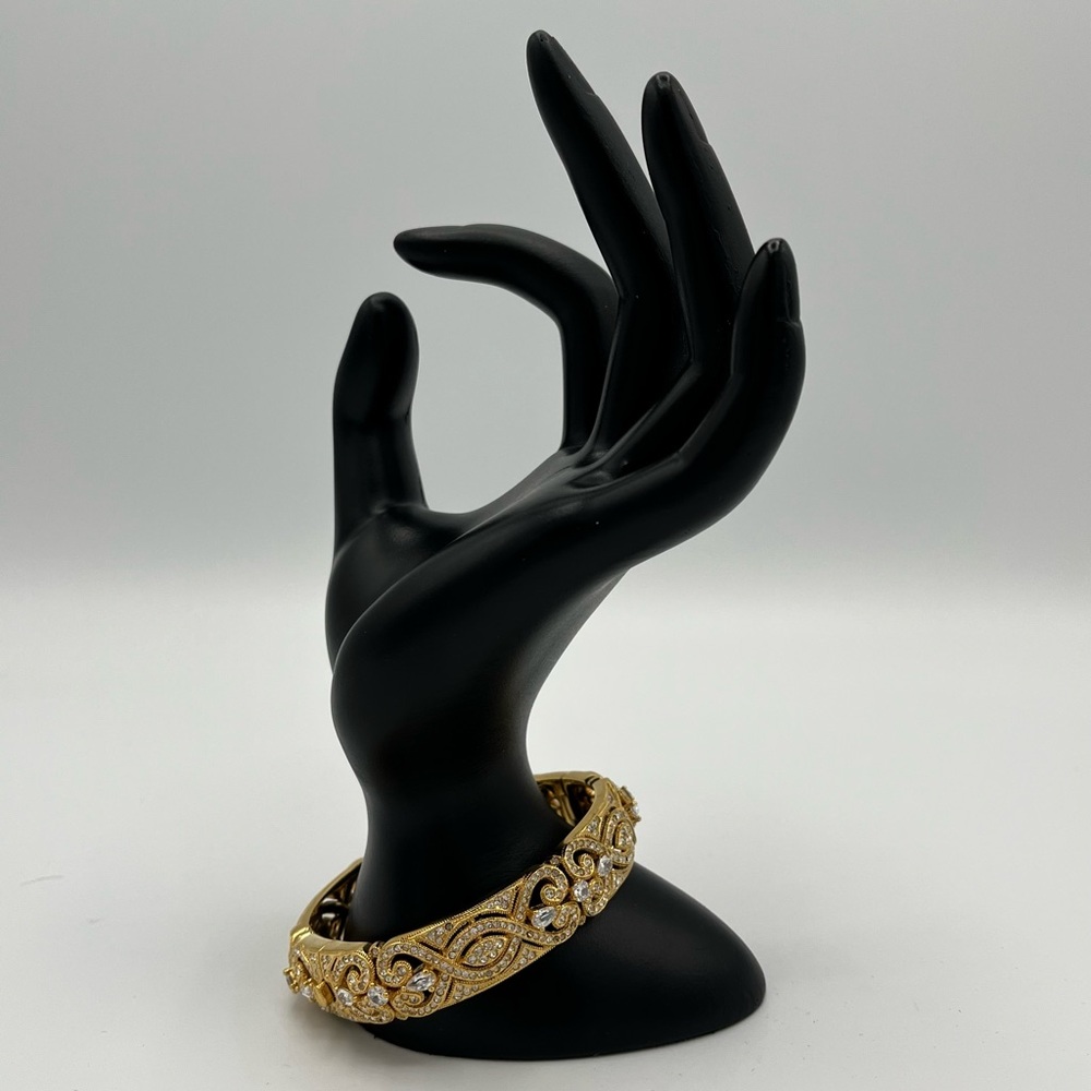 Authentic Nadri Gold-Tone Ornate Pave Crystal Filigree Hinged Cuff Bangle